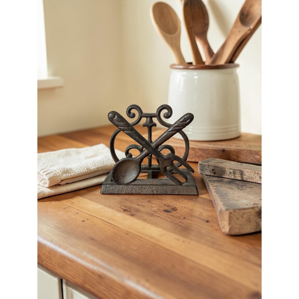 Vintage Cast Iron Napkin Holder - Spoon & Fork Stand - Farmhouse Kitchen Decor